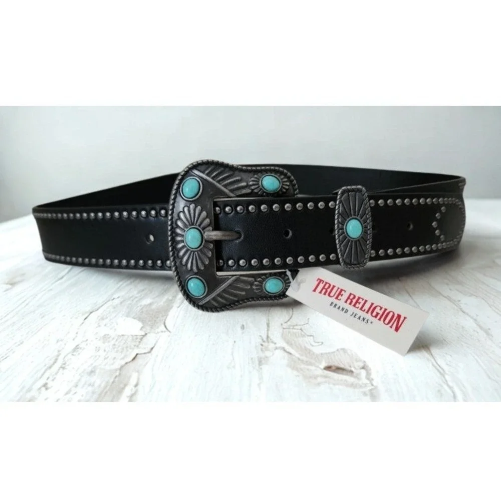 TRUE RELIGION Womens Stone Embellished Southwestern Faux Leather Black Belt M/L